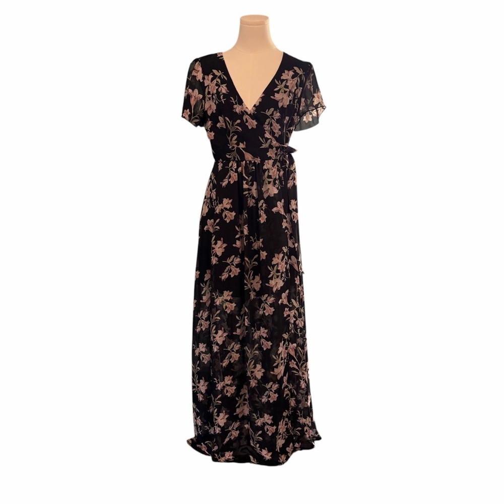 Ryan Michelle Floral Wrap Maxi Dress Black Pink Boho Chiffon Flutter Sleeve M - Picture 3 of 15